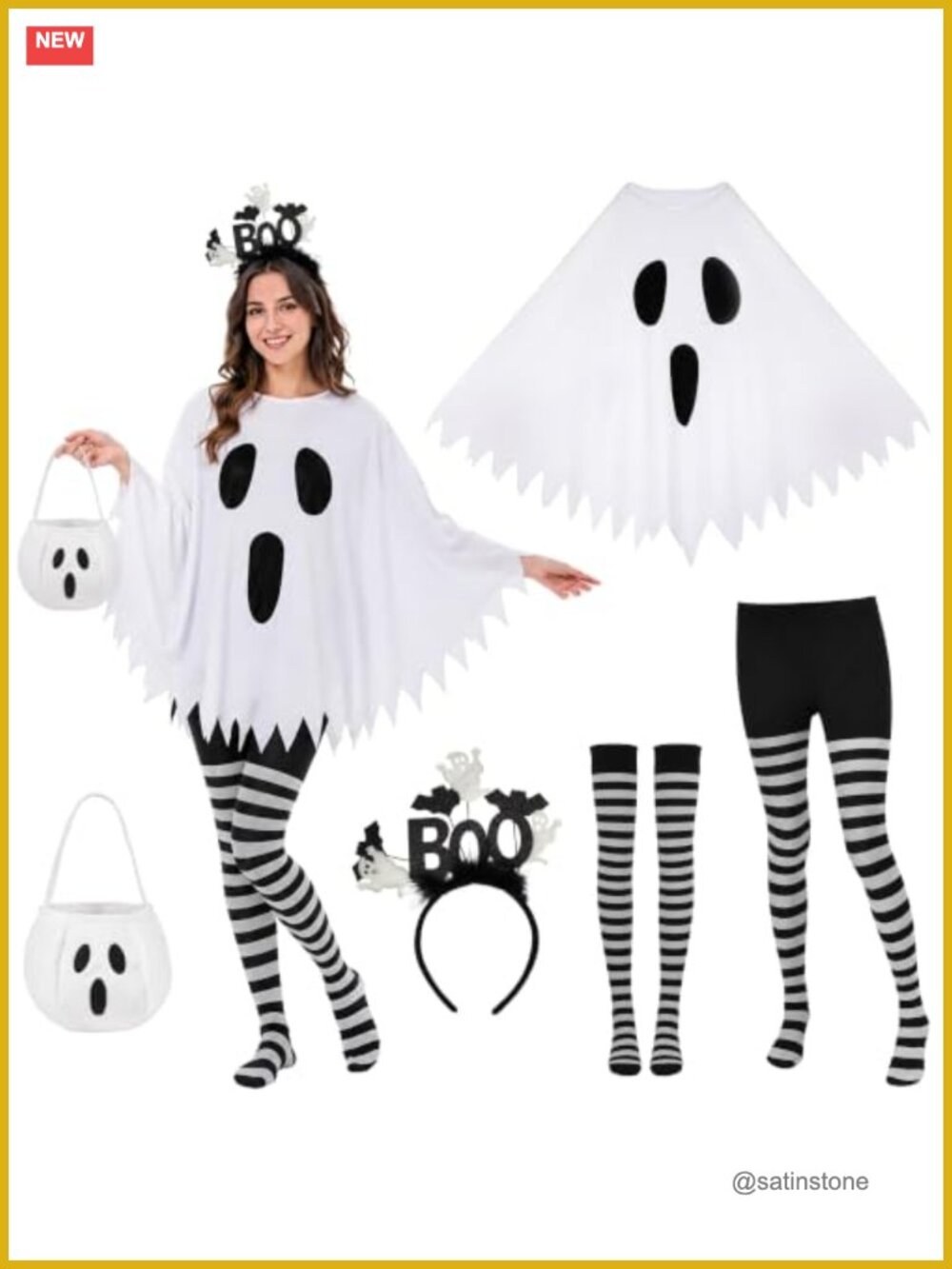 Women's Ghost Poncho Costume Set with Tights & Candy Bag Halloween